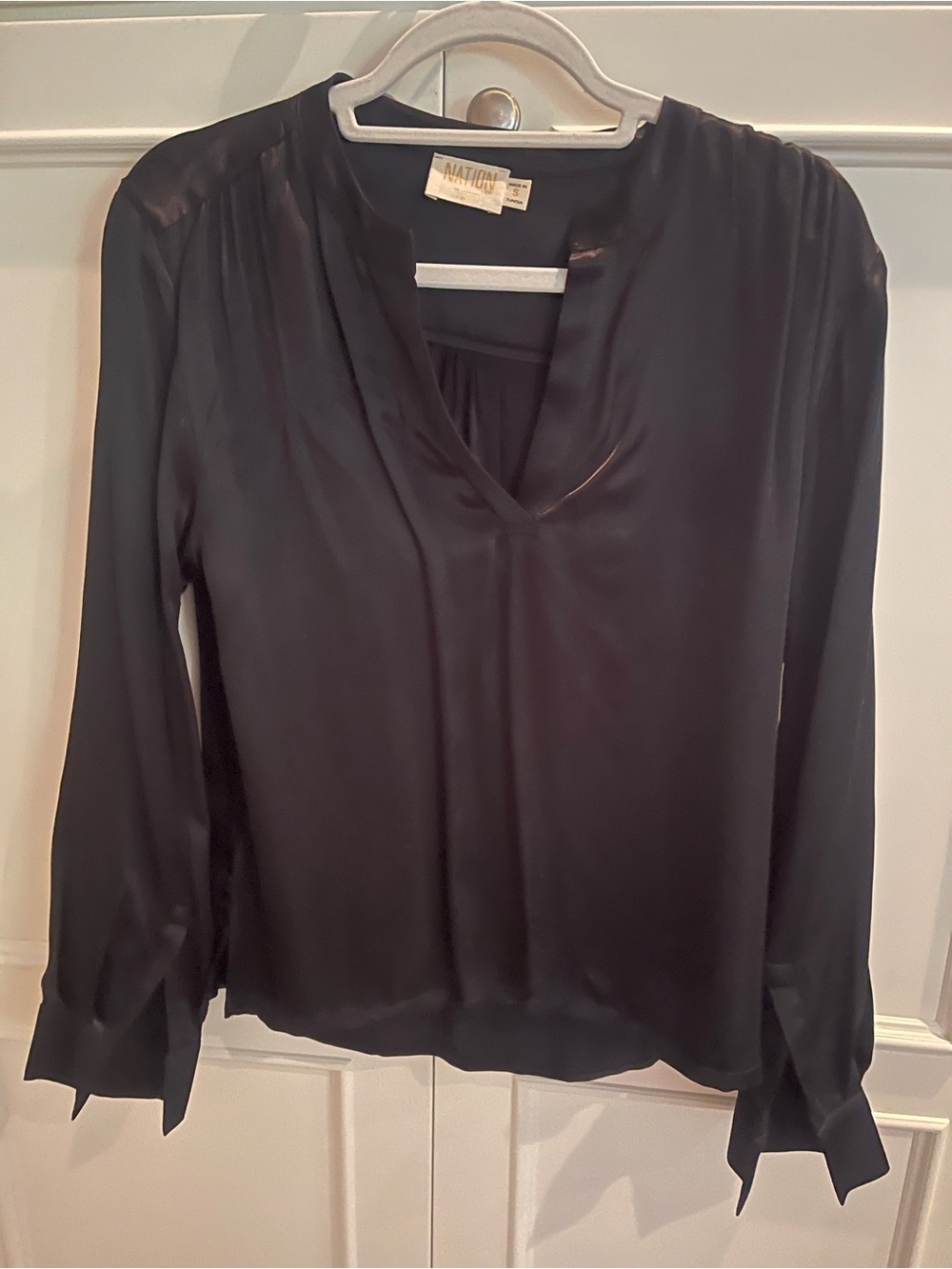 Nation LTD Black Satin V-Neck Blouse Long Sleeve Tie Cuff Size S